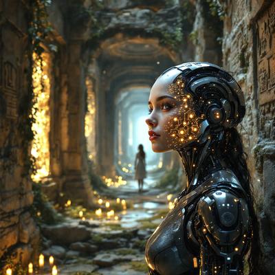 The primary subject of the image is a woman with a futuristic, robotic appearance. She is standing in a stone-walled, cave-like environment, which serves as the setting for the scene. The visual style of the image is a combination of photo and digital art, creating a unique and intriguing atmosphere. The dominant colors in the image are dark and muted tones, which contribute to the overall mood of the scene.